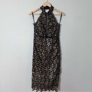 Bardot Gold Leaf Halter Sheer Black Midi Dress Size US 4/XS Night Out Dress Gala